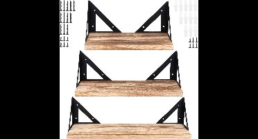 Set van 3 Houten Wandplanken met Metalen Frame - Zwevende Planken voor Woonkamer, Keuken en Badkamer