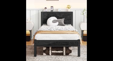 Bedframe - 90x200 cm - Hoofdbord met Opbergruimte - Geluidsarm - Metaal - Zwart