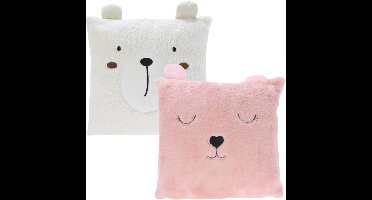 Excellent Houseware Dieren sierkussen - kinderkamer - roze / wit - 43 cm - polyester - met oren