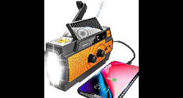 Noodradio Solar Opwindbaar – 4000mAh Powerbank – FM/AM – LED Zaklamp & Leeslamp – AAA Batterijen & USB Oplaadbaar – Voor Noodpakket, Kamperen & Stromingsuitval-Oranje