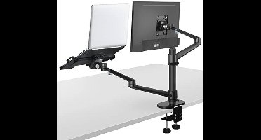 Viozon Monitor- en laptophouder, 2-in-1 verstelbare bureausteunen met dubbele arm, enkele bureau-armstandaard/houder voor 17 tot 32 inch LCD-computerschermen, extra lade voor laptops van 12 tot 17