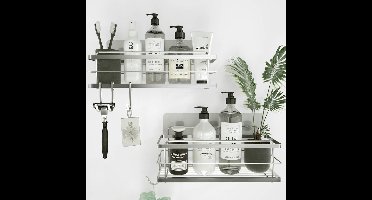 Doucheplank - Set van 2 - Zelfklevende - met Haken - Roestvrij staal - Draagbaar - Gepolijst - Wandmontage - 10,9D x 11,4B x 31H centimeter - Kleur : Zilver