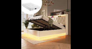 Tweepersoonsbed 140x200 cm - Matras en Lattenbodem - Wit PU - 360° LED-verlichting - USB-C Oplaadpoorten - Hydraulische Opbergruimte - 620-veren Matras - Hypoallergeen OEKO-TEX
