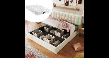 Tweepersoonsbed 160x200 - 7-zone H3 Springmatras - LED-verlichting met Afstandsbediening - Opbergruimte Onderbed - PU-leer Hoofdbord - 299 kg Draagvermogen - Hypoallergene Matrashoes