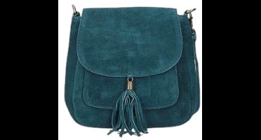 Teal Suède Schoudertas Tassle - Tas met Kwastje - Suède Crossbodytassen - Italiaans Leder - Boho Schoudertassen - Teal (Groenblauw)
