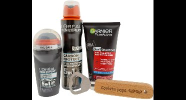 L’Oréal Men Expert Carbon & Garnier Heren Cadeauset – Deo Spray, Deo Roller, Reinigingsgel & Bieropener “Coolste Papa” – Vaderdagcadeau voor Mannen