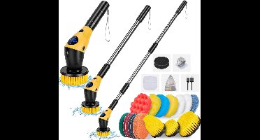 RVV® Elektrische Schrobborstel - Reinigingsborstel - Badkamerborstel - Inclusief 17 Borstelkoppen - Verstelbare Handgreep-geel - ‎44cxm x 18cm x 9cm