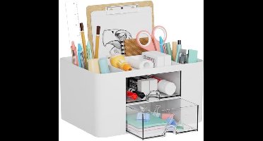 Bureau-organizer - 7 vakken - 2 lades - Kunststof - 19,5 cm D x 14 cm B x 10 cm H - Kleur : Wit