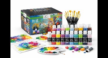 Acrylverf Set 36pcs - 24x Acrylverf Tubes 59ML & 12x Penselen – Compleet Schilderpakket voor Volwassenen en Kinderen