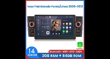 Awesafe Autoradio - Geschikt Voor Fiat Grande Punto/Linea 2005 t/m 2012 - Draadloos Apple CarPlay & Android Auto - Ram 2GB + Rom 64GB - GPS Navigatie Bluetooth WIFI - 7 inch IPS Scherm - 2005 2006 2007 2008 2009 2010 2011 2012