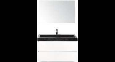 Dante Badmeubelset 100 cm - Wit Hoogglans - Wastafel Hardsteen Wit Lucca met Spiegel