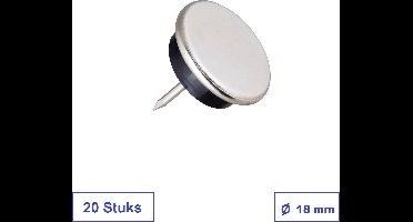 MEUBELGLIJDERS 20 STUKS - 18 MM - METAAL 'CHROOM' MET KUNSTSTOF GLIJNAGEL - MET STALEN NAGEL