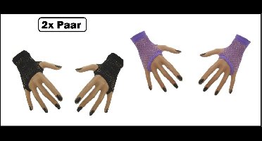 2x Paar nethandschoenen vingerloos zwart en paars - Themaparty - Festival thema feest disco neon verjaardag verkleed feest