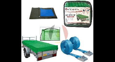 Set! Fijnmazig aanhangwagennet 160x300cm – 8mm elastisch koord – 2 spanbanden – 2x3m afdekzeil