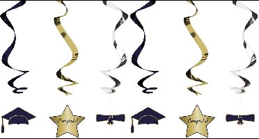 Folat Hangdecoratie swirls geslaagd thema - 9x - zwart/goud - papier - 60 cm - examenfeest versiering