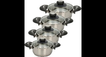 Excellent Houseware Kookpannen set - 4x - glazen deksel - RVS - 1.8/2.7/3.5/5.4 liter