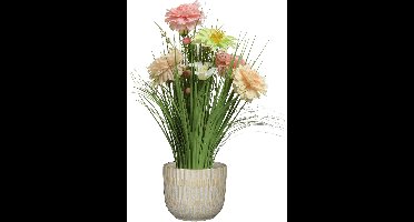Kunstbloemen boeket roze - in pot lichtgrijs - keramiek - H40 cm