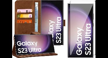 Hoesje geschikt voor Samsung Galaxy S23 Ultra - Screen Protector FullGuard - Book Case Kunstleer Pasjeshouder Bruin & Screenprotector