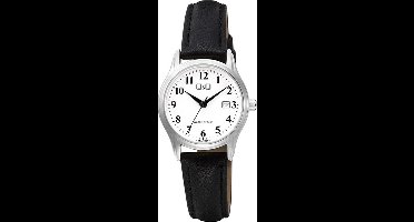 Q&Q C28A-003PY - Horloge - Analoog - Vrouwen - Dames - Leren band - Rond - Metaal - Cijfers - Datumaanduiding - Zwart - Zilverkleurig - Wit - 3 ATM