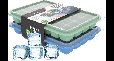 KitchenLove Siliconen IJsblokjesvorm met Deksel (2 Stuks) - 56 IJsblokjes - Vierkant - BPA Vrij - 100% Silicone - Groen & Blauw