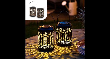 Gadgy Solar Lantaarn Pauw - Tafellamp Set van 2 - Solar Tuinverlichting op Zonneenergie - Led Buitenverlichting met dag/nacht Sensor - Hanglamp - Tuinlantaarn - 27 x Ø 12.5 cm - Zwart/Goud - Metaal