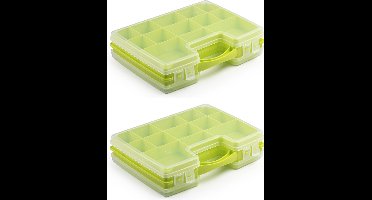 2x stuks opbergkoffertje/opbergdoos/sorteerboxen 22-vaks kunststof groen 28 x 21 x 6 cm - Sorteerdoos kleine spulletjes