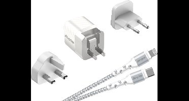 Energizer A20MUL Multi Plug Oplader (US, UK, EU) - Reisstekker Met Lightning Kabel (Wit) | 20W - 4A