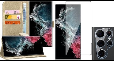 Hoesje geschikt voor Samsung Galaxy S22 Ultra - Book Case Kunstleer Wallet Cover Portemonnee Pasjeshouder Hoes Goud - Full Tempered Glass Screenprotector - Camera Lens Protector