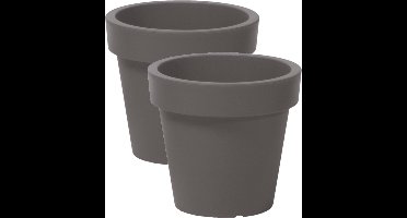 Prosperplast Bloempot Basic - 2x stuks - kunststof - steengrijs - D14 x H12 cm - buiten/tuin
