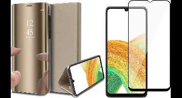 Hoesje geschikt voor Samsung Galaxy A33 - Book Case Spiegel Wallet Cover Hoes Goud - Full Tempered Glass Screenprotector