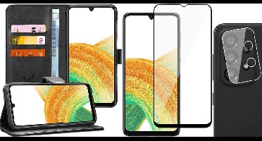 Hoesje geschikt voor Samsung Galaxy A33 - Book Case Kunstleer Wallet Cover Portemonnee Pasjeshouder Hoes Zwart - Full Tempered Glass Screenprotector - Camera Lens Protector