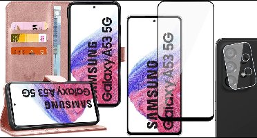 Hoesje geschikt voor Samsung Galaxy A53 - Book Case Kunstleer Wallet Cover Portemonnee Pasjeshouder Hoes Roségoud - Full Tempered Glass Screenprotector - Camera Lens Protector