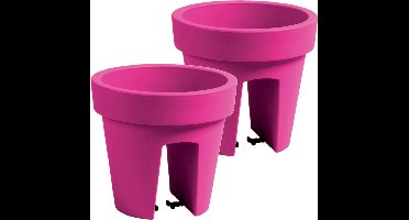 Balkon plantenpot/bloempot - 2x stuks - fuchsia roze - 5 liter - kunststof - D25 x H23 cm - met relingklem