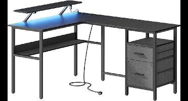 Zanzi L-vormig bureau met stopcontacten - hoekbureau - computerbureau - monitorstandaard - speeltafel - LED-verlichting - USB-poorten - ebbenhout zwart - 150 x 120 x 76 cm