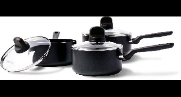 GreenPan Memphis Pannenset 6-delig - 16/18/20cm - 1.6/2.1/3.1L - PFAS-vrije antikleeflaag - Steelpan inductie - Keramische pan - Ovenbestendig tot 160°C - Koudgrepen - Met glazen deksel - Zwart