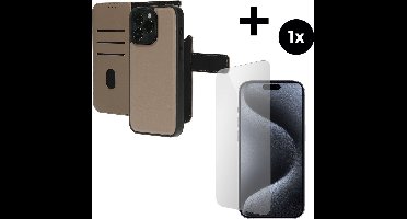 Mobiparts Leather 2 in 1 Wallet Case hoesje geschikt voor Apple iPhone 15 Pro Max met 1 Screenprotector van Gehard Glas - Beige