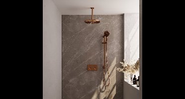 BRAUER Copper Carving thermostatische inbouw regendouche met drukknoppen SET 72 met 30 cm douchekop en plafondarm en 3-standen handdouche en doucheslang en geïntegreerde glijstang koper geborsteld PVD