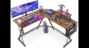 L-vormig bureau, computertafel met ronde hoek. Gamingtafel met monitorplank, 127 x 127 cm, vintage stijl