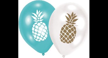 Ballonnen ananas - 6x stuks - 27 cm - blauw/wit - feestartikelen
