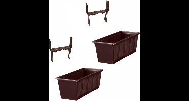 Set van 2 kunststof plantenbakken bruin rechthoekig 40 cm met 4 verstelbare balkon/muurbeugels