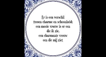Tegeltje met Spreuk (Tegeltjeswijsheid): Er is een verschil tussen charme en schoonheid; een mooie vrouw is er een die ik zie, een charmante vrouw een die mij ziet + Kado verpakking & Plakhanger