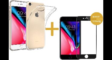 Hoesje geschikt voor Apple iPhone 8 - Siliconen Transparant Hoesje Gel Soft TPU Case Backcover + Full Screen Zwart Tempered Glass Screenprotector 3D 9H (Gehard Glas Screen Protector) - 360 graden protectie