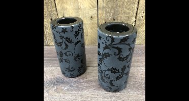 Set van 2 - Waxinelichthouder - Kerst Kandelaar - Keramiek - Hulst - Matzwart - Ø 75 x 150 mm