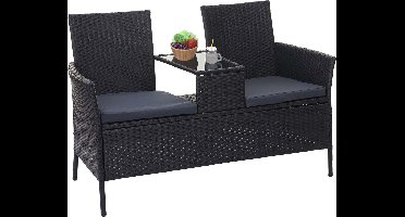 Poly rattan tuinbank met tafeltje - tafel - 2 zitter - incl kussens -zwart - 132 cm
