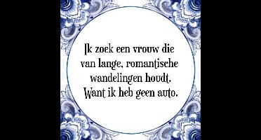 Tegeltje met Spreuk (grappige  cadeaus): Ik zoek een vrouw die van lange, romantische wandelingen houdt. Want ik heb geen auto. + Cadeau verpakking & Plakhanger