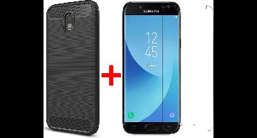 Hoesje geschikt voor Samsung Galaxy J5 2017 Geborsteld Siliconen TPU Hoesje Zwart + Screenprotector Gehard Glas 9H - 360 Graden Protectie