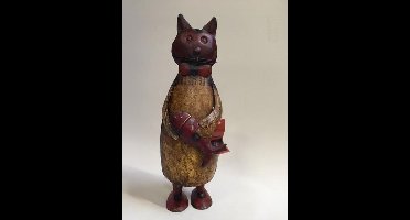 Handgemaakte kat met vis beeldje - h46cm - M