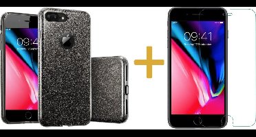 Hoesje geschikt voor Apple iPhone 8 Plus - Glitters Hoesje Zwart Siliconen TPU Case Backcover BlingBling + Gehard Glas Screenprotector 2.5D 9H (Tempered Glass Screen Protector) - 360 Graden Protectie