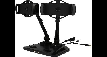 DELTACO ARM-257 Standaard met 2-armen, Universele houders voor Smartphone & Tablet (4 – 12,2 inch), 360 graden rotatie, 2 ingebouwde USB 2.0-poorten, zwart