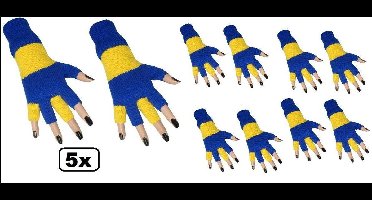 5x Paar vingerloze handschoen blauw/geel - Thema feest festival party evenement carnaval